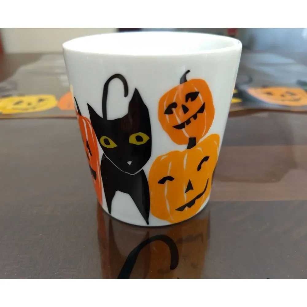 HALLOWEEN‎ Crate & Barrel Black Cat Jack-O-Lantern Coffee Mugs Matching Mats 4Pc